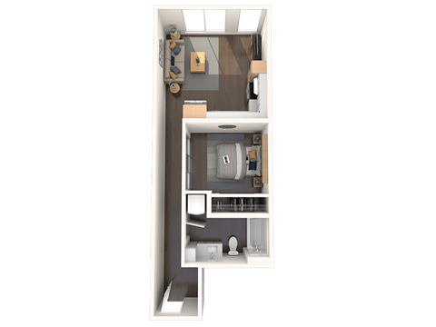 a floor plan of a small apartment with a bedroom and a bathroom